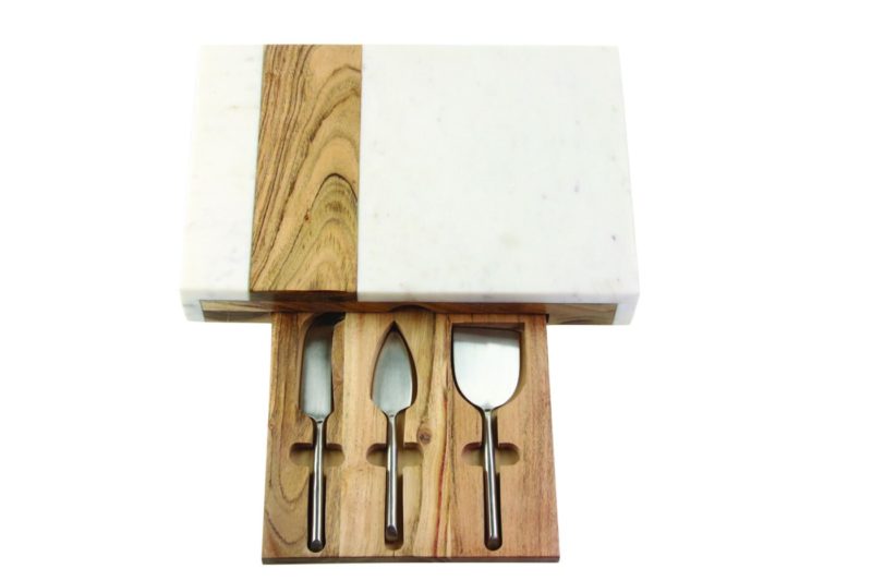 White Marble & Acacia Wood Cheese Board with Pocket Drawer