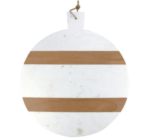 XL White Marble and Wood Stripe Round Board with Handle